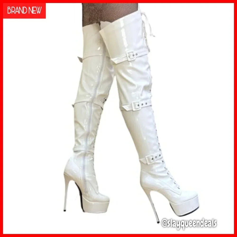 Thigh High Platform Boots with Cross Lace Up Detail, Round Toe, Zipper Closure